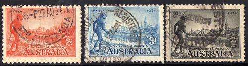 AUSTRALIA 1934 "CENT OF VICTORIA" SET OF 3 FINE USED. SG 147-9. CAT 25 POUNDS.
