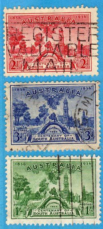 AUSTRALIA 1936 "CENT OF SOUTH AUSTRALIA" SET OF 3 FINE USED. SG 161-3. CAT 16 POUNDS.