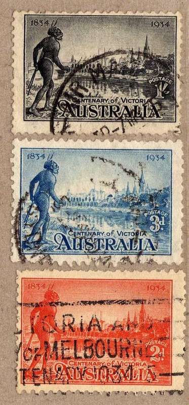 AUSTRALIA 1936 "CENT OF VICTORIA" SET OF 3 GOOD USED. SG 147-9. CAT 25 POUNDS.