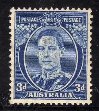 AUSTRALIA 1937-49 DEFIN 3d BLUE PERF 15 x 14 MOUNTED MINT. SG 186. CAT 45 POUNDS.