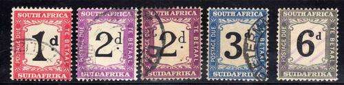 SOUTH AFRICA 1927-28 POSTAGE DUE PART SET OF 5. (NO 1/2d) SACC 18-20 + 21a. CAT R360.