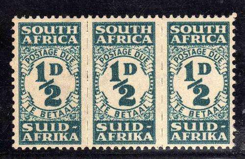 SOUTH AFRICA 1943-4 1/2d POSTAGE DUE UNIT UNMOUNTED MINT. SACC 29. CAT AS MOUNTED MINT R250.