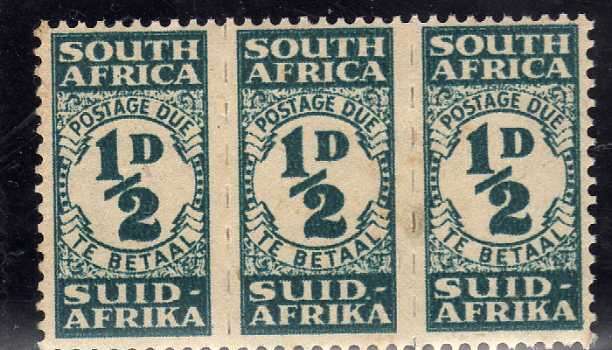 SOUTH AFRICA 1943-4 1/2d POSTAGE DUE UNIT MOUNTED MINT. SACC 29. CAT AS MOUNTED MINT R250.