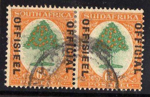 SOUTH AFRICA 1929 6d OFFICIAL PAIR FINE USED. SACC 10. CAT R400.
