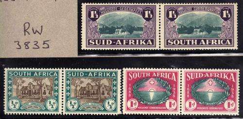 SOUTH AFRICA 1939 HUGUENOT 250TH ANNIVERSARY SET OF 3 PAIRS UMM + MM. SACC 81-83. CAT R700.