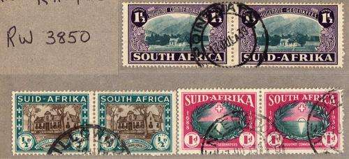 SOUTH AFRICA 1939 HUGUENOT 250TH ANNIVERSARY SET OF 3 PAIRS V.F.USED. SACC 81-83. CAT R275.