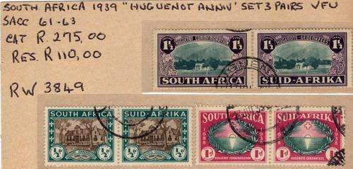SOUTH AFRICA 1939 HUGUENOT 250TH ANNIVERSARY SET OF 3 PAIRS V.F.USED. SACC 81-83. CAT R275.