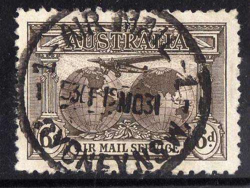 AUSTRALIA 1931 AIR 6d BROWN FINE USED. SG 139. CAT 17 POUNDS.