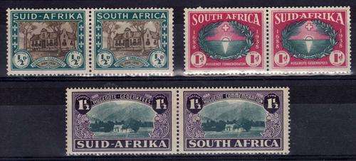 SOUTH AFRICA 1939 HUGUENOT 250TH ANNIVERSARY SET OF 3 PAIRS LMM. SACC 81-83. CAT R700.