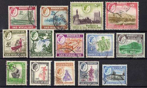 RHODESIA & NYASALAND 1959 DEFIN PART SET OF 14 VFU. (NO 1 POUND) SG 18-30. CAT 39 POUNDS.