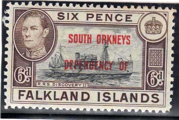 FALKLAND ISLANDS DEPENDENCIES 1944 SOUTH ORKNEYS 6d FINE MM. SG C6. CAT 21 POUNDS.