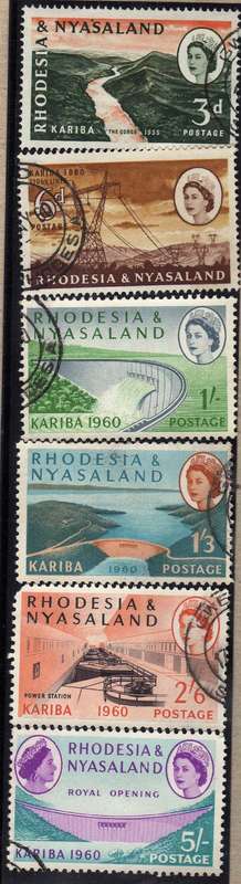 RHODESIA & NYASALAND 1960 KARIBA SET OF 6 V.F.U. EXCEPT 2/6d SHORT CORNER. SG 32-37.