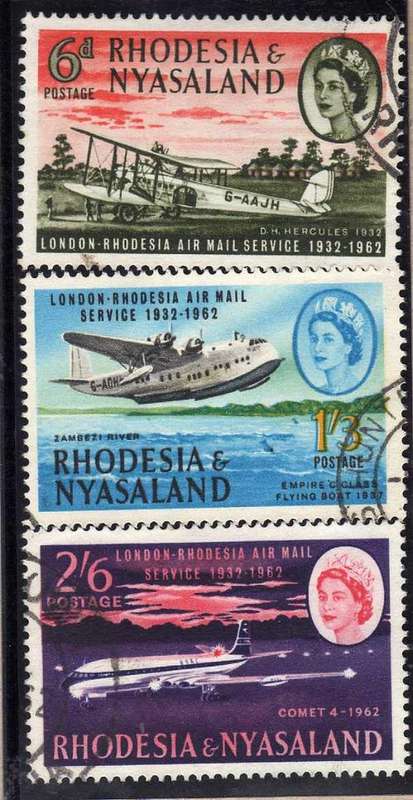 RHODESIA & NYASALAND 1962 AIRMAIL ANNIV SET OF 3 V.F.U. SG 40 - 42. CAT 7,75 POUNDS.
