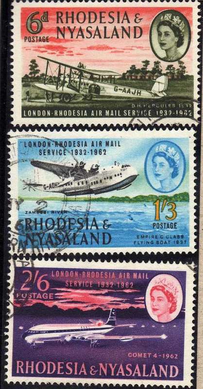 RHODESIA & NYASALAND 1962 AIRMAIL ANNIV SET OF 3 V.F.U. SG 40 - 42. CAT 7,75 POUNDS.