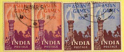 INDIA 1951 FIRST ASIAN GAMES SET OF 2 PAIRS V.F. USED. SG 335-336. CAT 6,50 POUNDS.