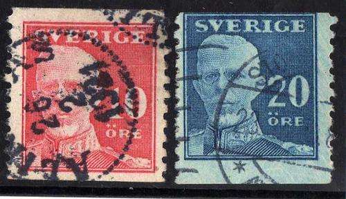 SWEDEN 1920 DEFIN 10ore RED & 20ore BLUE V.F.U. SG 102a & 104a. CAT 7,6 POUNDS.