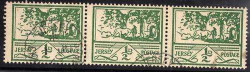 JERSEY 1943 1/2d GREEN STRIP OF 3 V.F.USED. SG 3. CAT 36 POUNDS.