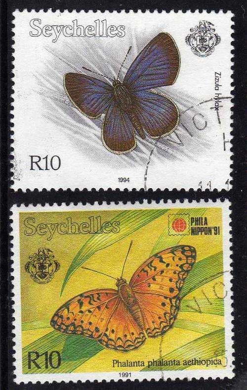 SEYCHELLES 1991 & 1994 "BUTTERFLIES" 2 STAMPS V.F.U. SG 804 & 851. CAT 15 POUNDS.