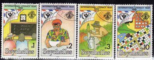 SEYCHELLES 1990 "LITERACY YEAR" SET OF 4 V.F.U. SG 784-7. CAT 12 POUNDS.