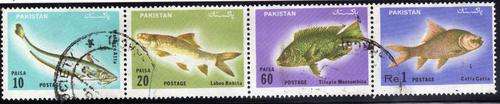 PAKISTAN 1973 "FISH" STRIP OF 4 V.F.USED. SG 353-6. CAT 5,15 POUNDS.