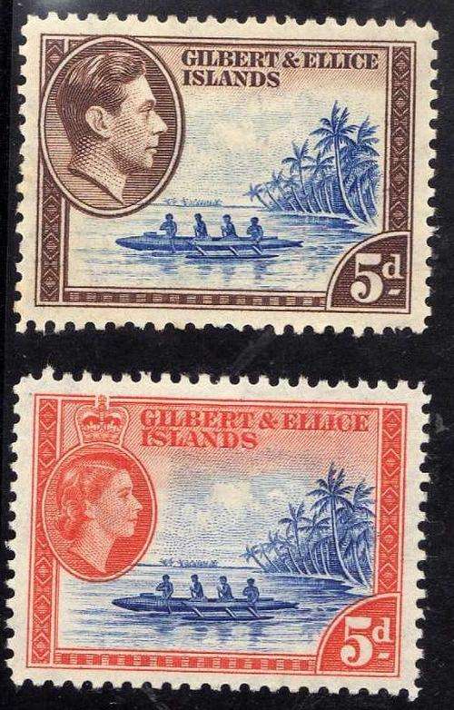 GILBERT & ELLICE ISLANDS 2 x 5d DEFIN L.M.M. 1939 KGV & 1956 QE II. SG 49 & 69. CAT 15 POUNDS.