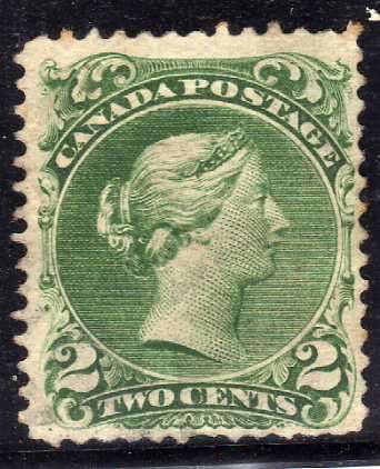 CANADA 1868 2c DEEP GREEN V.F.U. SG 57. CAT 40 POUNDS.