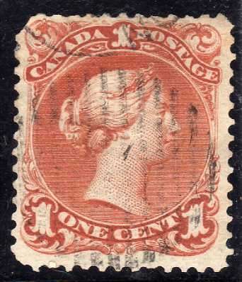 CANADA 1868 1c RED FINE USED. SG 55. CAT 60 POUNDS.