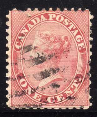 COLONY OF CANADA 1859 1c RED GOOD USED (ONE PULLED PERF). SG 29. CAT 48 POUNDS.