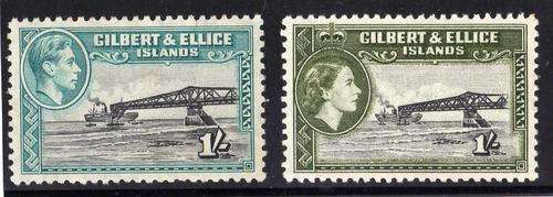 GILBERT & ELLICE ISLANDS 1939 & 1956 1/- DEFINITIVES L.M.M. SG 51a & 71. CAT 18,75 POUNDS.