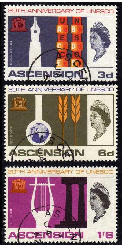 ASCENSION 1967 "UNESCO 20th ANNIV" SET OF 3 V.F.USED. SG 107-9. CAT 6 POUNDS.