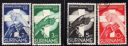 SURINAM 1935 BICENT MORAVIAN MISSION IN SURINAM PART SET OF 4 VFU. SG 231-2 + 234-5. CAT 16,50 POUND