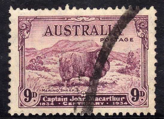 AUSTRALIA 1934 "DEATH CENT OF JOHN MACARTHUR" 9d FINE USED. SG 152. CAT 50 POUNDS.