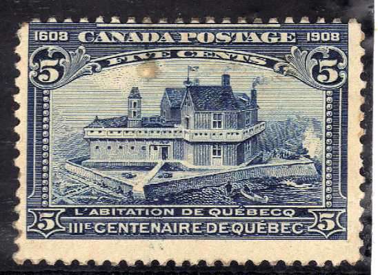 CANADA 1908 "QUEBEC TERCENTENARY" 5c M.M. SMALL THIN. SG 191. CAT 65 POUNDS.
