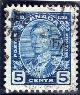 CANADA 1935 SILVER JUBILEE 5c BLUE FINE USED. SG 338. CAT 8 POUNDS.
