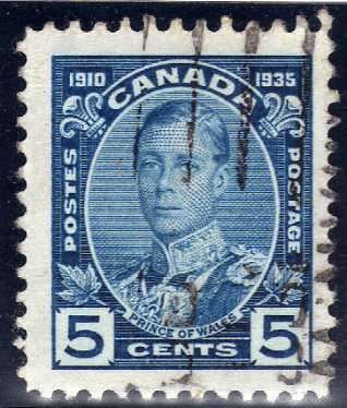 CANADA 1935 SILVER JUBILEE 5c BLUE FINE USED. SG 338. CAT 8 POUNDS.