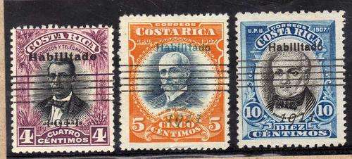 COSTA RICA 1911 OVERPRINTS SET OF 3 V.F. USED. SG 90, 91 & 93. CAT 6 POUNDS.