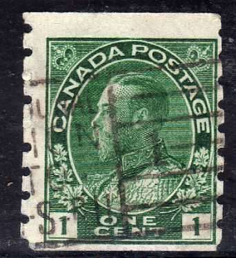CANADA 1911-22 1c COIL STAMP BLUE GREEN IMPERF x PERF 8 VFU. SG 220. CAT 5 POUNDS.