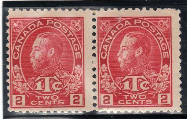 CANADA 1916 2c + 1c RED PAIR VERY LIGHTLY MOUNTED MINT. SG 233. CAT 100 POUNDS.