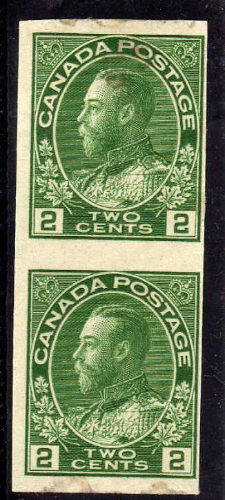CANADA 1922-31 2c GREEN IMPERF PAIR MOUNTED MINT. SG 260. CAT 50 POUNDS.