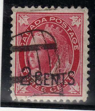 CANADA 1899 2c SURCHARGE ON 3c FINE USED. SG 171. CAT 8 POUNDS.