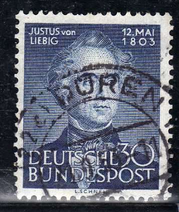 GERMANY WEST 1953 150th ANNIV OF LIEBIG 30PF BLUE VFU. SG 1092. CAT 29 POUNDS.