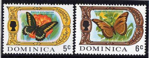 DOMINICA 1969 BUTTERFLIES 5c & 6c LMM SG 277a + 278a. CAT 5,50 POUNDS.