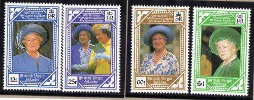 BRITISH VIRGIN ISLANDS 1990 QUEEN MOTHER 90th BIRTHDAY SET OF 4 U.M.M. SG 746-9. CAT 5,15 POUNDS.