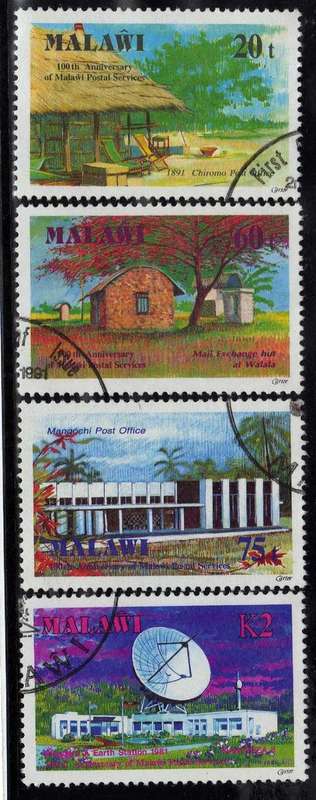 MALAWI 1991 "POSTAL SERVICE CENT" SET OF 4 VFU. SG 863-866. CAT 12,50 POUNDS.