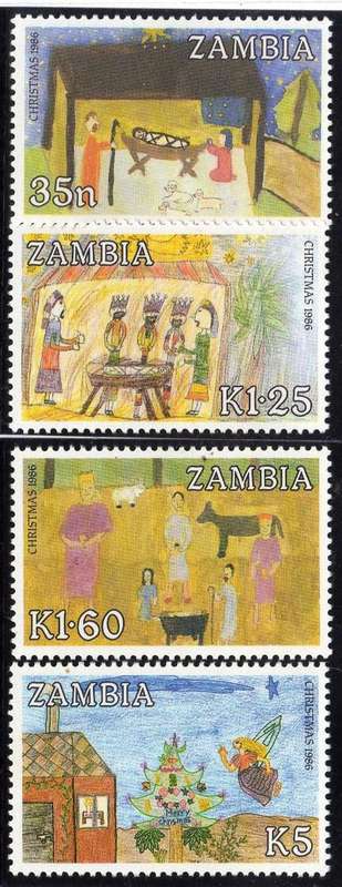 ZAMBIA 1986 "CHILDREN'S PAINTINGS" SET OF 4 UMM. SG 468-71. CAT 7,25 POUNDS.