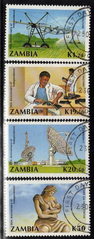 ZAMBIA 1990 "26TH ANNIV INDEPENDENCE" SET OF 4 VFU. SG 621-624. CAT 6,50 POUNDS.