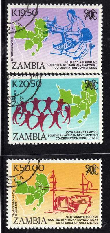 ZAMBIA 1990 "10th ANNIV SADC" PART SET OF 3 VFU. SG 619-620. CAT 13,50 POUNDS.