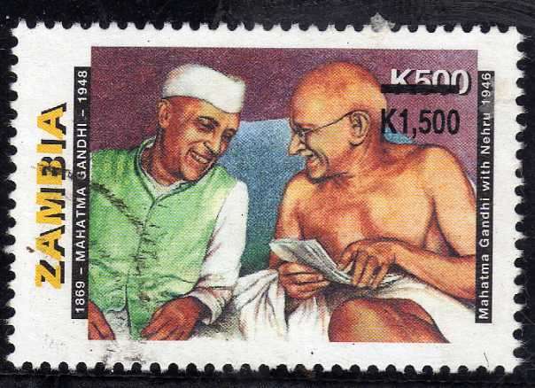ZAMBIA 2000 "GANDHI & NEHRU" SURCHARGE K1500 ON K500 VFU. SG 815. CAT 5 POUNDS.