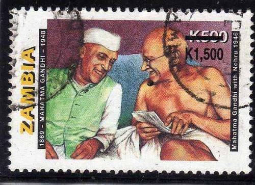 ZAMBIA 2000 "GANDHI & NEHRU" SURCHARGE K1500 ON K500 VFU. SG 815. CAT 5 POUNDS.