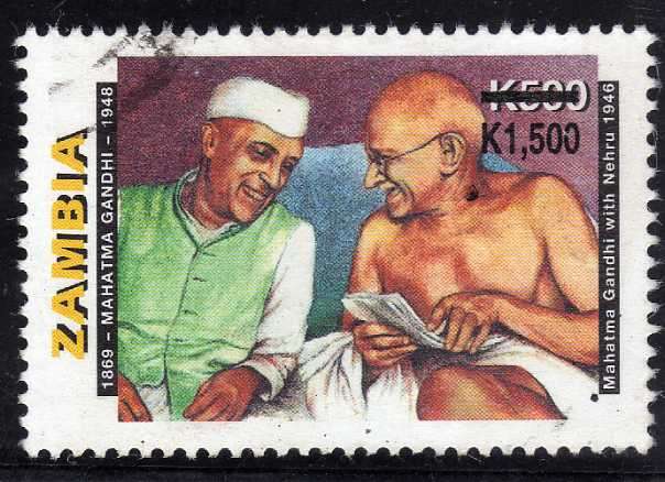 ZAMBIA 2000 "GANDHI & NEHRU" SURCHARGE K1500 ON K500 VFU. SG 815. CAT 5 POUNDS.